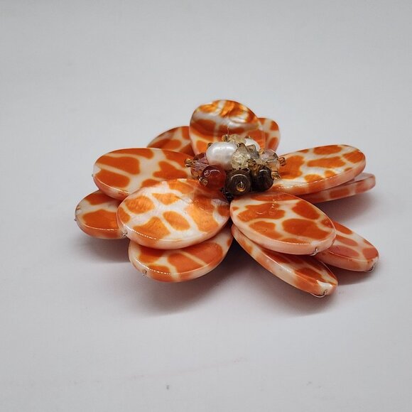 Flower Statement Brooch Glass Tigers Eye Pearl Beads Acrylic Pedals VTG 3" - Picture 5 of 7